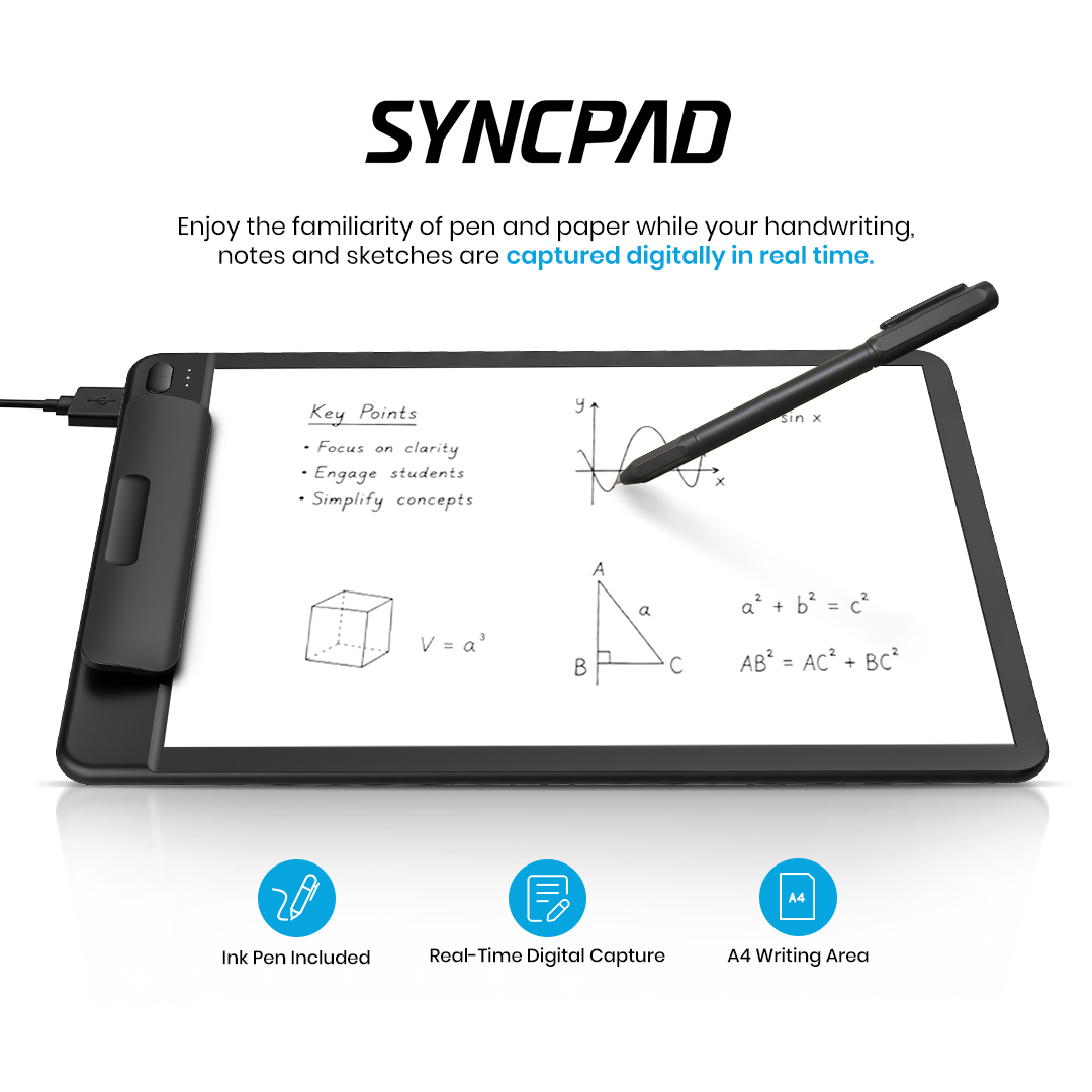 SyncPad A4 digital writing pad with ink pen and handwritten maths notes on paper