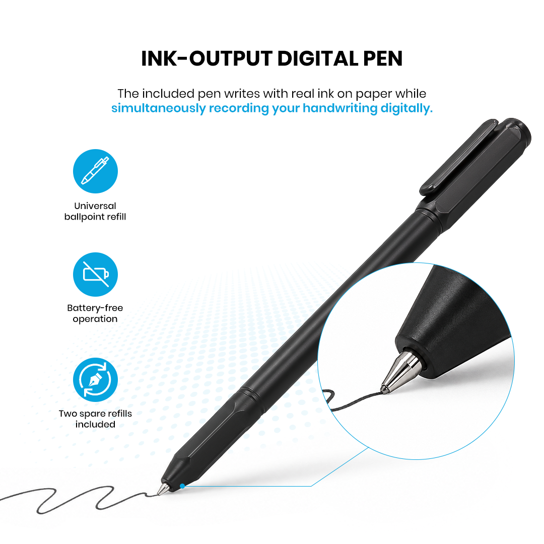SyncPad ink output digital pen, battery free with universal ballpoint refill and two spare refills