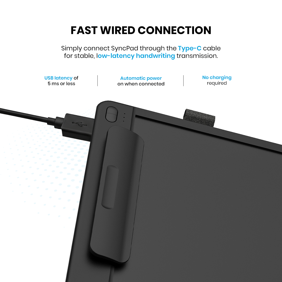 SyncPad USB-C wired connection with 5 ms latency and automatic power, no charging required