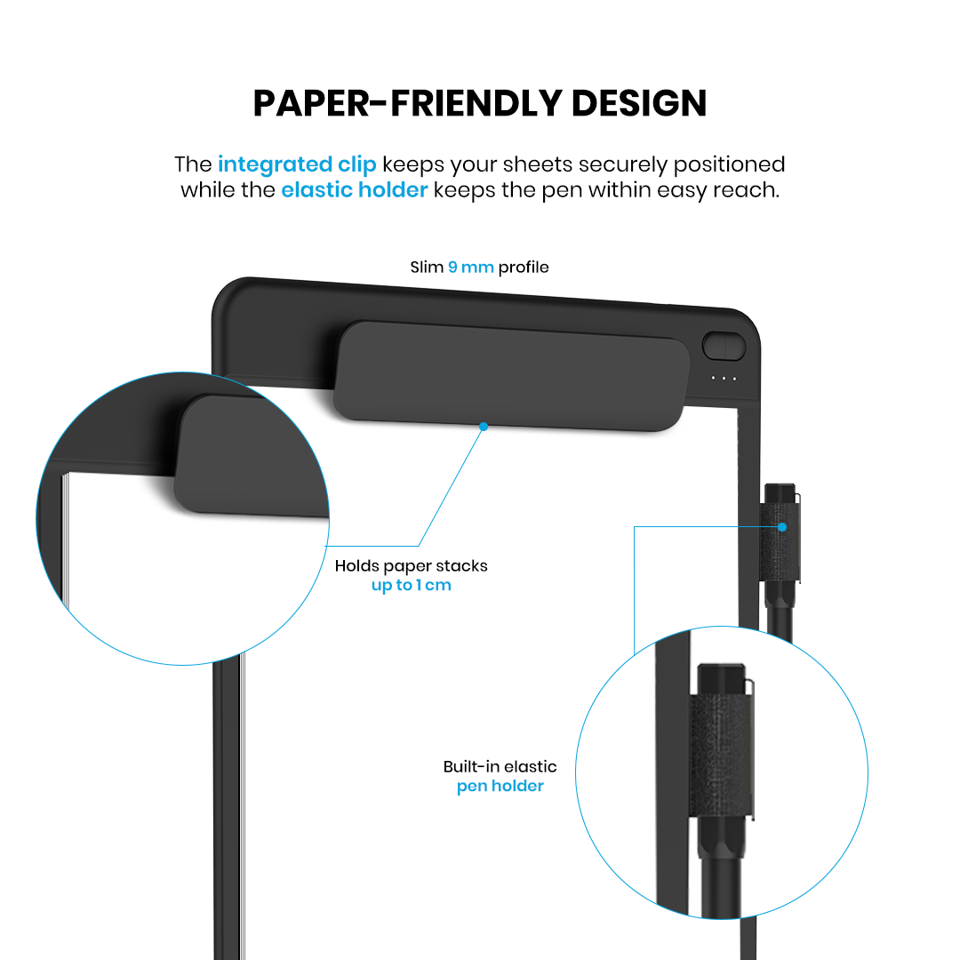 SyncPad paper friendly design with integrated clip for paper stacks up to 1 cm and elastic pen holder