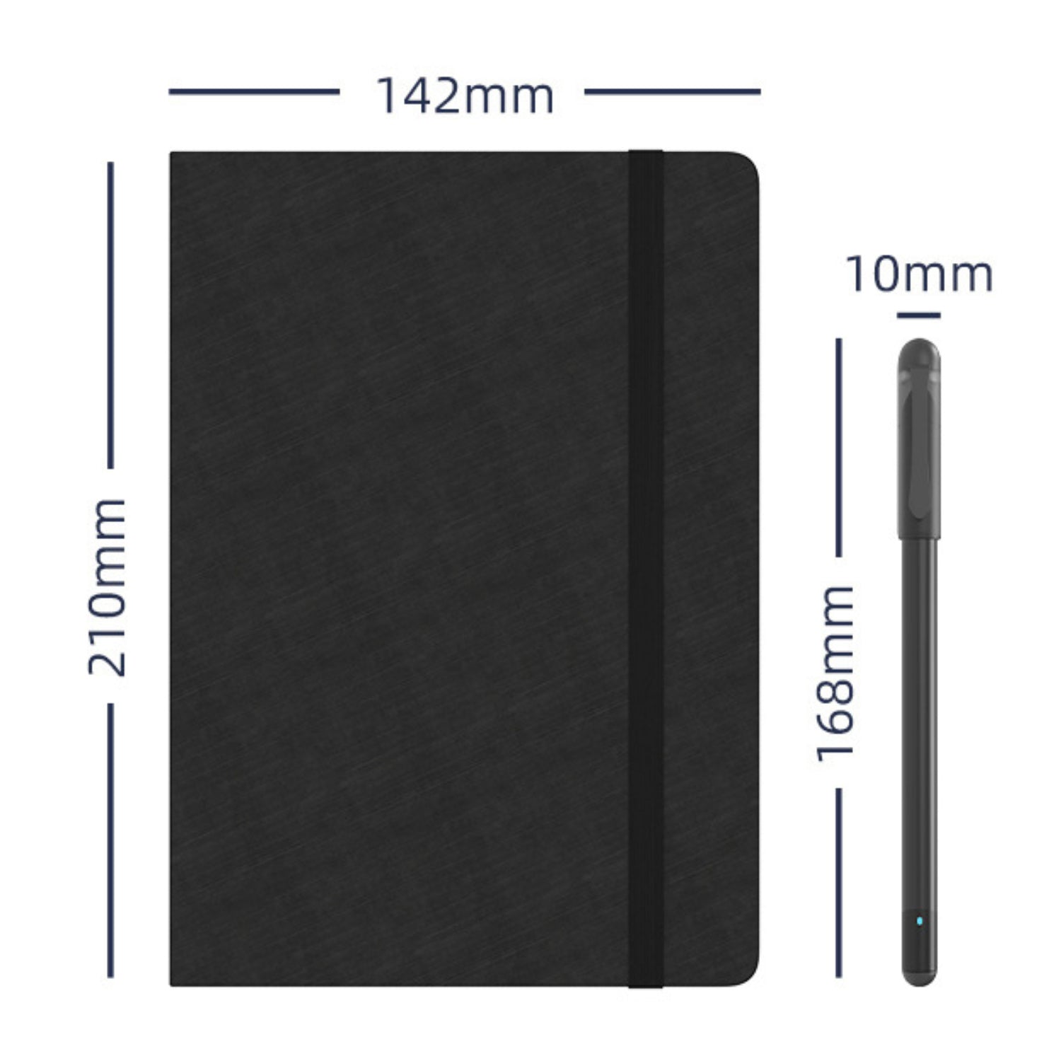 SyncPen smart notebook and pen dimensions showing 210 mm by 142 mm notebook size and 168 mm pen length